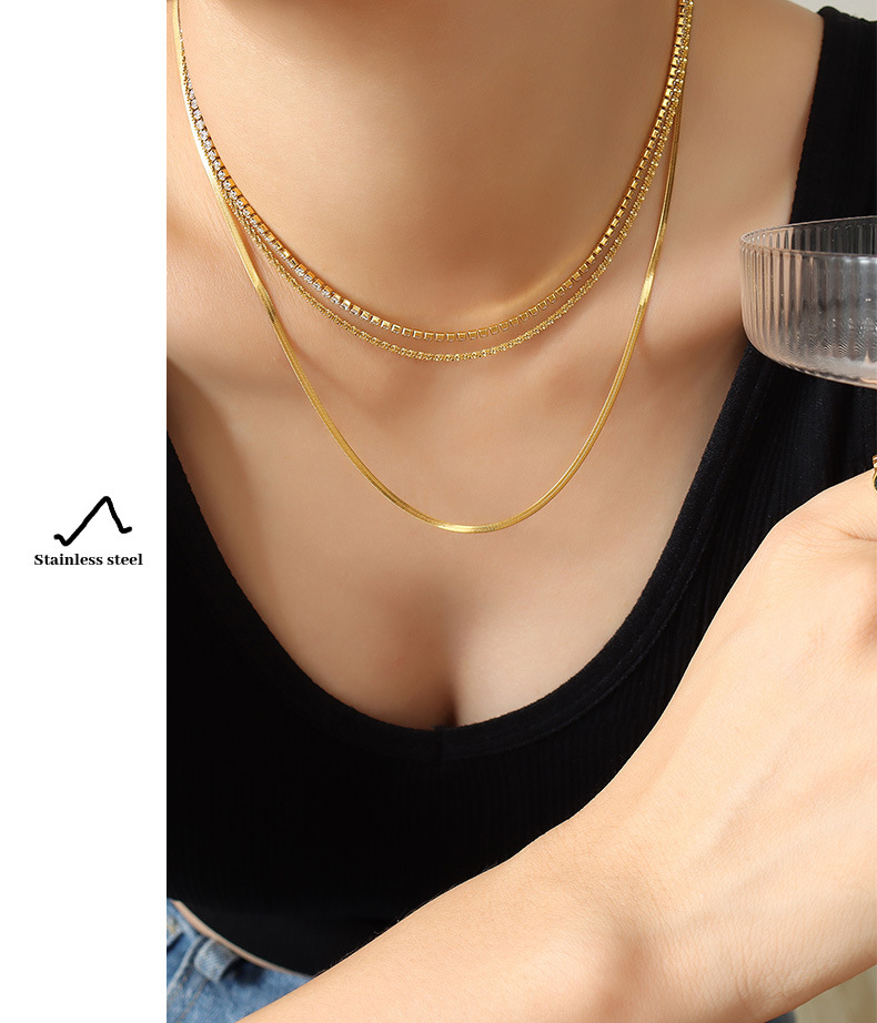 Fashion Solid Color Titanium Steel Plating Inlay Zircon Layered Necklaces 1 Piece
