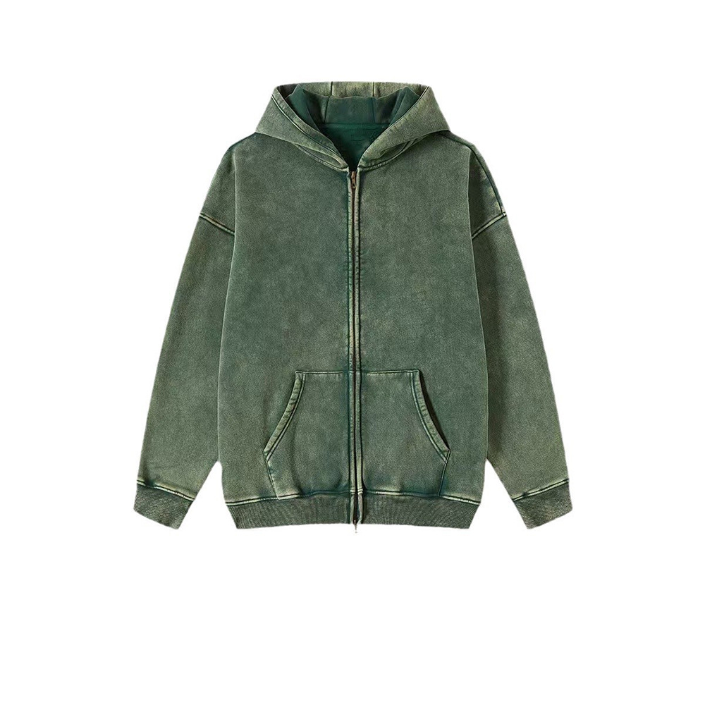 Comercio exterior 2024 marca de moda americana lavadora con sudadera con capuz cardigan retro con camisa con cremallera doble para hombres suelta sudadera con capuz