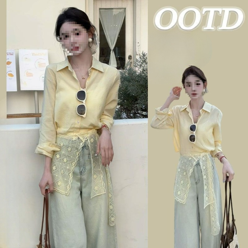 Spring Matchinging Set of 2025 New Fashionable Slim Lace Shirt and Jeans Three-Piece Suit