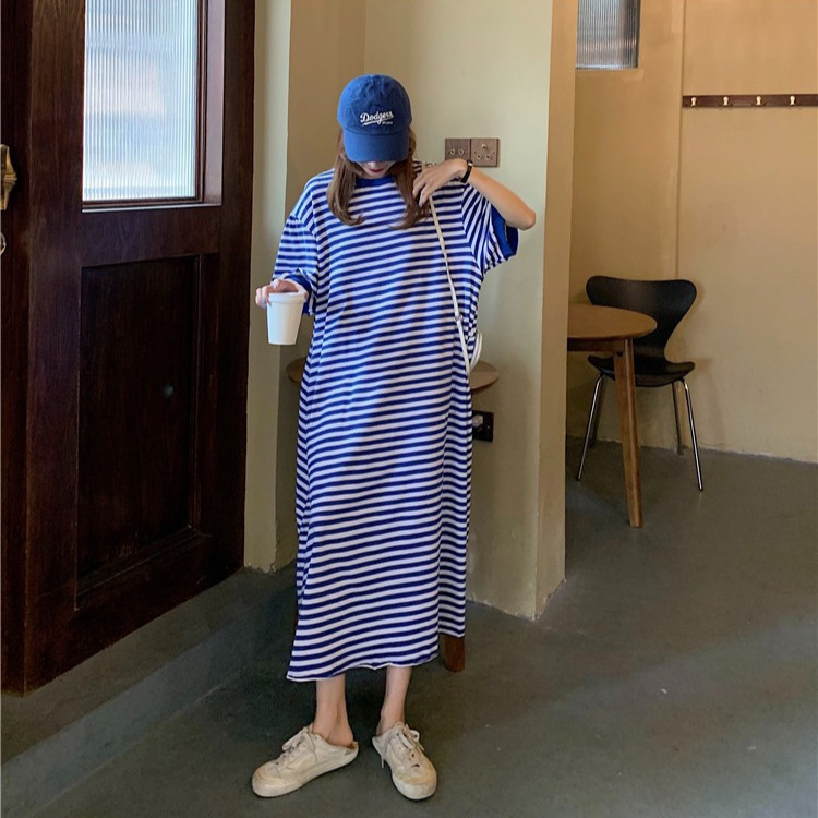 Trendy Five-Quarter Sleeve Casual Nightgown, Striped Maternity Oversized Over-The-Knee Slit Long Dress, Comfortable Loungewear for Summer