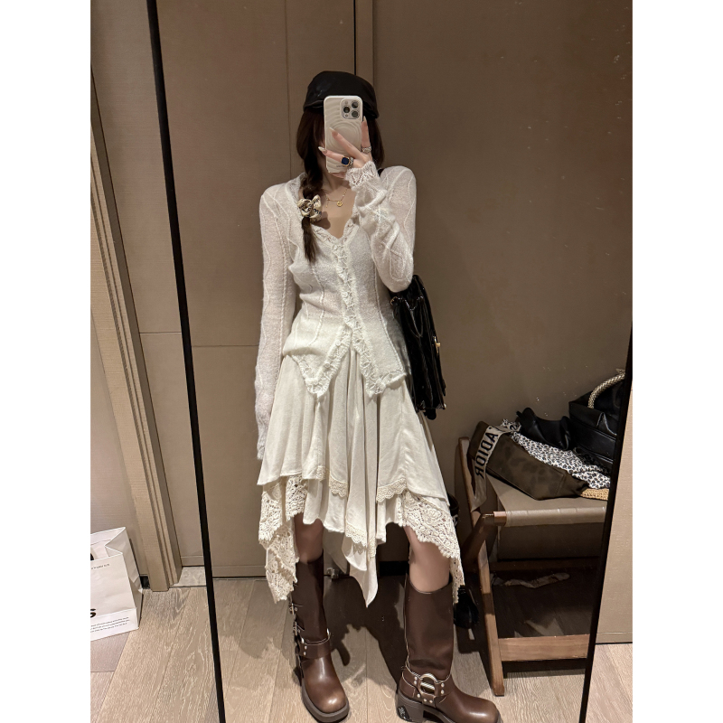 跨境OHLABABY 马海毛镂空花边针织开衫女外套早秋轻薄腰显瘦V领衣|undefined