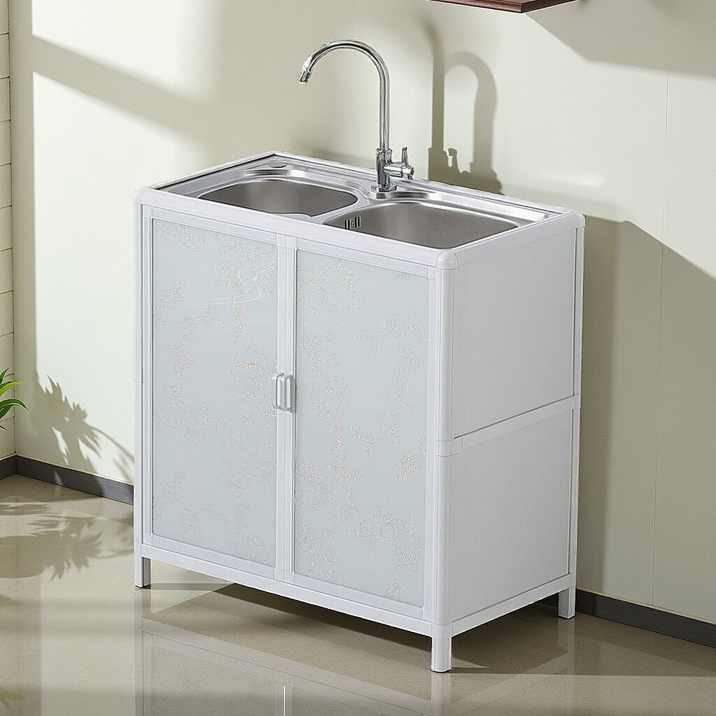 Gabinete de fregadero de acero inoxidable de cocina lavabo de verduras doble ranura con soporte multifuncional gabinete de almacenamiento de piscina