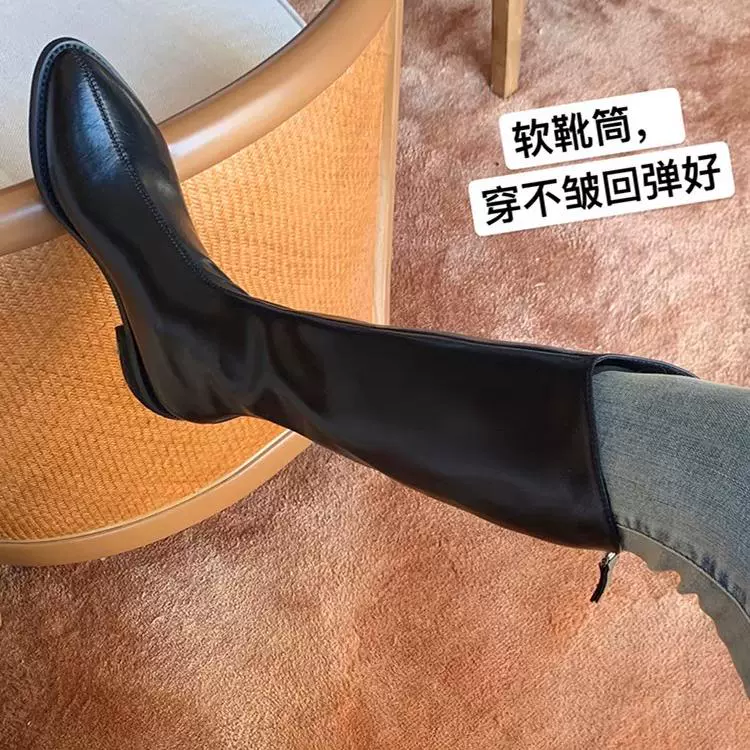 Кожаные сапоги женские осень-зима 2025 новые толстые каблуки высокие сапоги