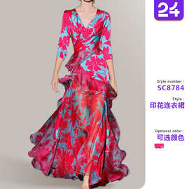 2026新款欧美跨境亚马逊连衣裙气质女装印花枫叶修身多层V领长裙