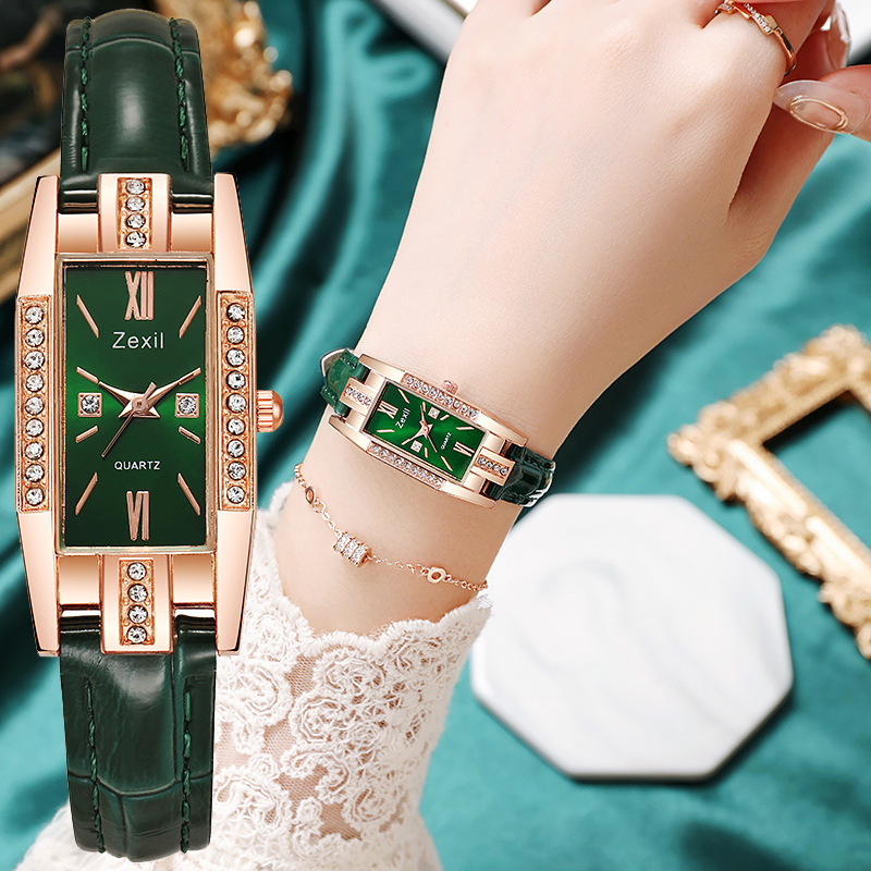 Light Luxury Rectangular Diamond-Encrusted Women's Leather Strap Watch with Roman Numerals, Red, Green and White Dial, Crocodile Pattern Thin Strap, Quartz Watch Light Luxury Rectangular Diamond-Encrusted Women's Leather Strap Watch with Roman Numerals, Red, Green and White Dial, Crocodile Pattern Thin Strap, Quartz Watch