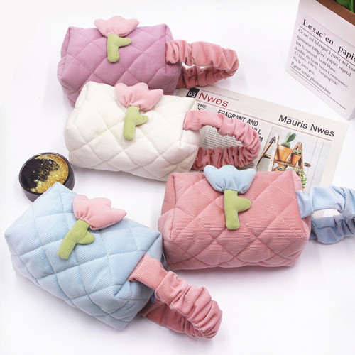 Cross-border Amazon Corduroy Tulip Large Capacity Ins Cute Cosmetic Bag Women's Portable Toiletries Storage Bag