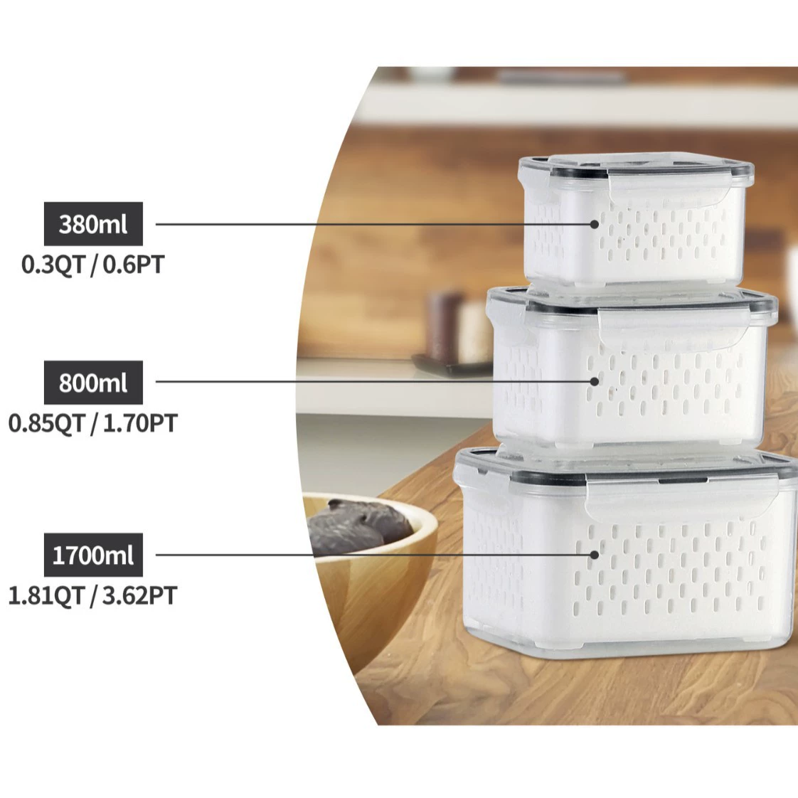 Double‑layer draining food storage box, transparent food‑grade, multiple sizes & sets