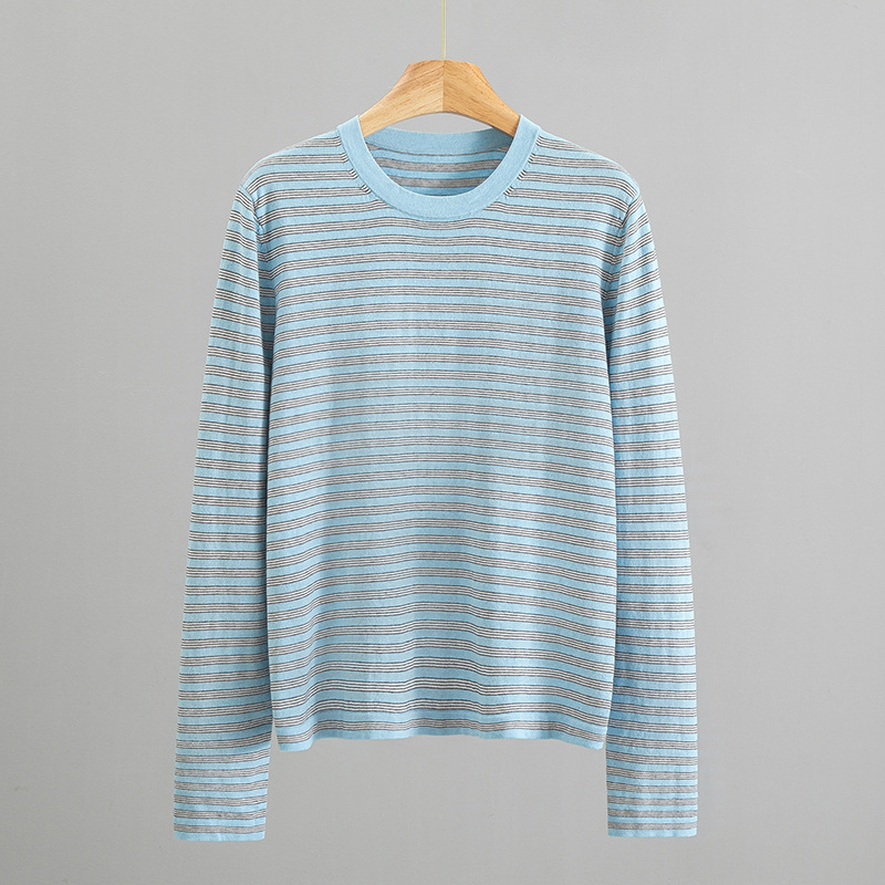Row Kendall Jenner Style Relaxed Old Money Fine Cashmere Pima Cotton Fine Stripe Crew Neck Long Sleeve Knit Inner Top