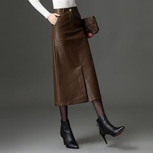 品牌绵羊皮皮裙黑色半身裙春秋女新款开叉直筒包臀A字长裙一步裙