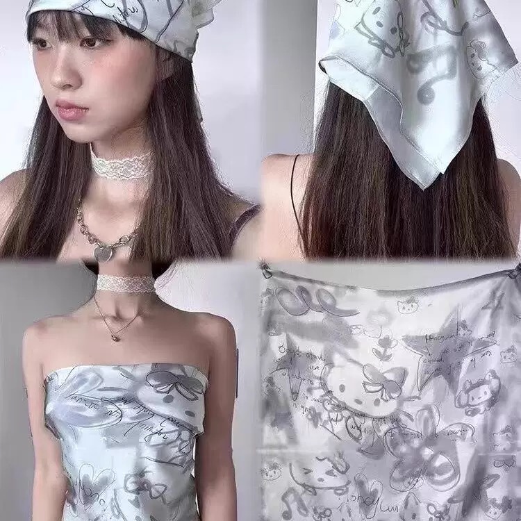 手绘涂鸦HelloKitty头巾辣妹y2k裹胸夏季街头嘻哈方巾多功能丝巾|undefined