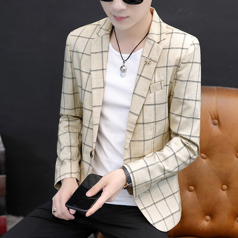 男士西服上衣休閑修身春季新款韓版青年格子小西裝潮流英倫外套男