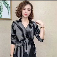 一件代发直播爆款2025春秋季款显瘦长袖T恤女条纹上衣套头打底衫