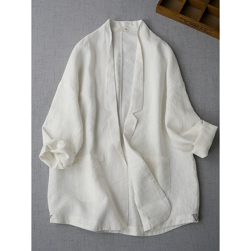 Plus Size Women's Fashionable Small Suit Jacket Women's Summer High-End Cotton and Linen Outerwear Pure Color Long-Sleeved Cardigan Top