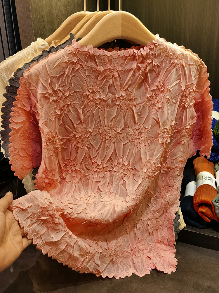 Áo thun nữ tay ngắn cổ tròn chất liệu cotton dập nổi hoa văn nổi cao cấp — Màu đen, Màu đào, Màu trắng, Màu xám