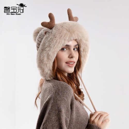 9991 new style antler knitted woolen hat plush ear protection pullover hat Korean style three-hair ball thickened warm hat for women