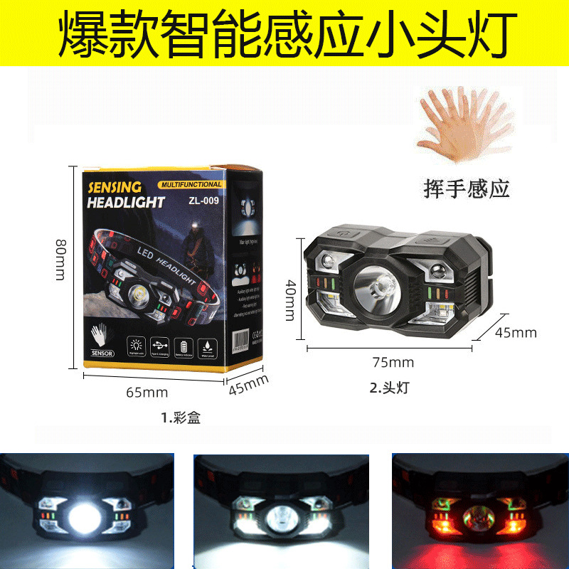 Faros pequeños de inducción inteligente transfronterizos multifunción multifuente de luz carga linterna montada en la cabeza al aire libre luz de pesca nocturna al por mayor