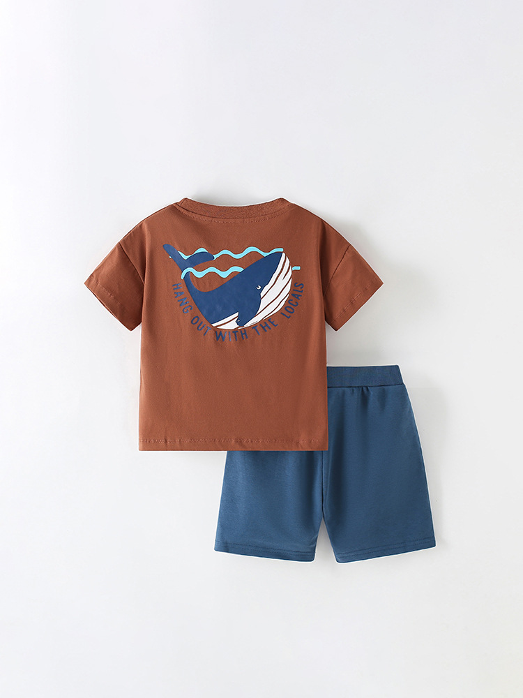 Malwee traje para niños verano nuevo estilo europeo y americano niños pequeños y medianos cuello redondo manga corta cintura elástica pantalones casuales de dos piezas