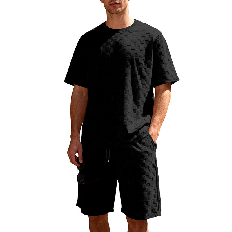 Muscle Doctor Men's Summer Jacquard Checkered Short Sleeve T-Shirt & Shorts Set, Loose Fit High Street Casual Outfit_viptrois.com