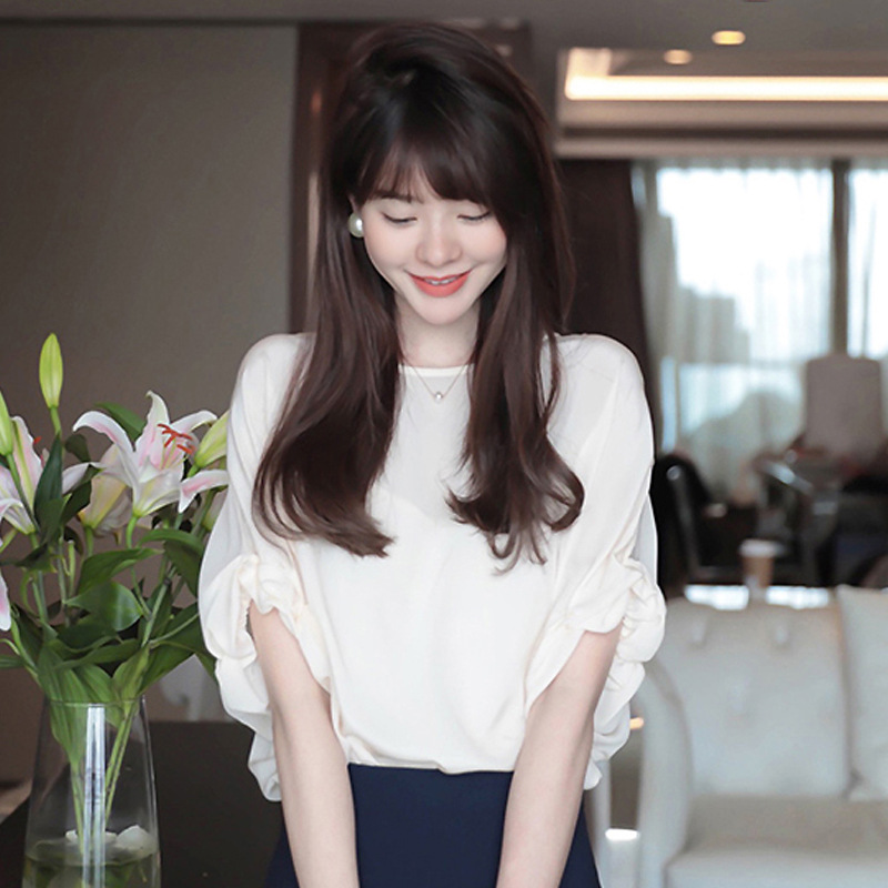 여름 새로운 한국 스타일 우아한 통근 느슨한 셔츠 여성용 투피스 셔츠 라글란 슬리브 슬림 쉬폰 셔츠 탑