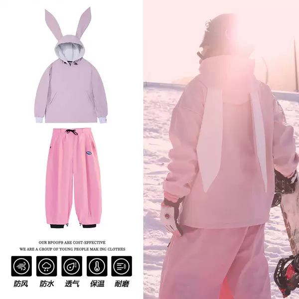 Rabbit Fur-Lined Warm Sweatshirt Unisex Ski Suit Set Snowboard Outdoor Windproof Loose-Fitting Couple Snow Pants
