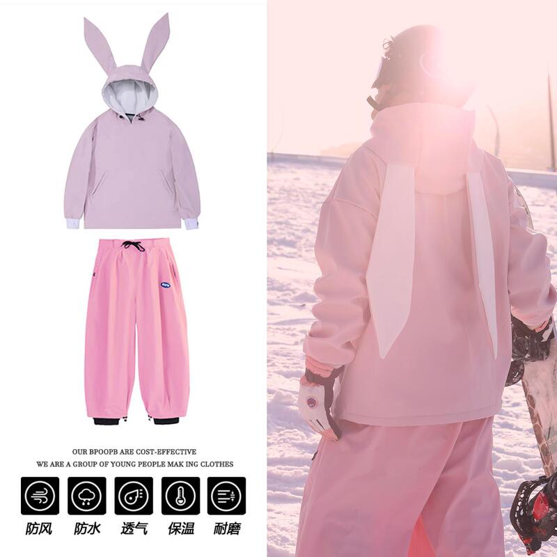 Rabbit Fur-Lined Warm Sweatshirt Unisex Ski Suit Set Snowboard Outdoor Windproof Loose-Fitting Couple Snow Pants