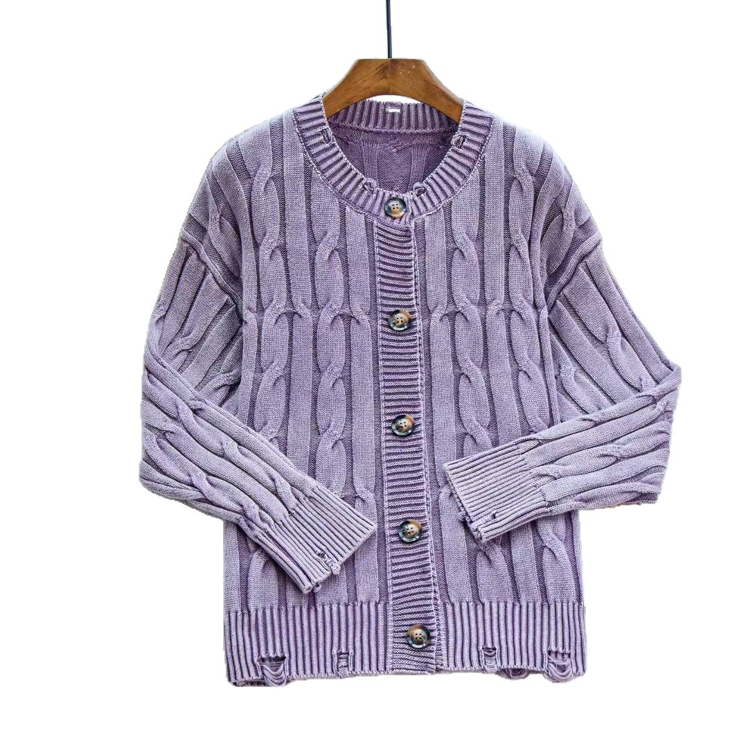 Coreano retro cuello redondo torcido de camisa de punto de mujer otoño y invierno nuevo estilo para hacer viejos agujeros suéter suelto chaqueta de mujer image 6