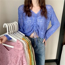 韩系别致镂空抽绳针织衫女春夏小个子甜辣设计感v领系带短款上衣