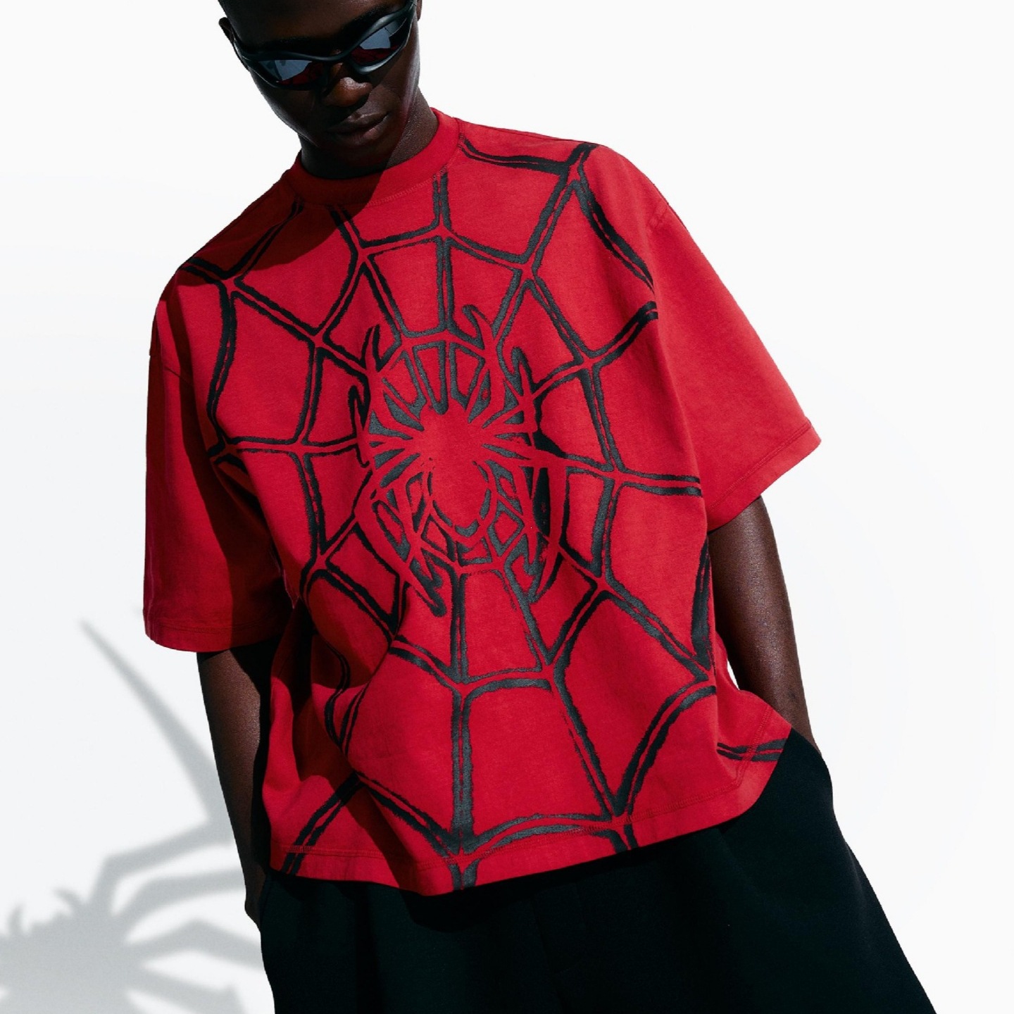 Independent Brand 2026 Summer New Spider Web Print Loose T-Shirt Men's High Street Fashion Casual Pullover T-Shirt Top