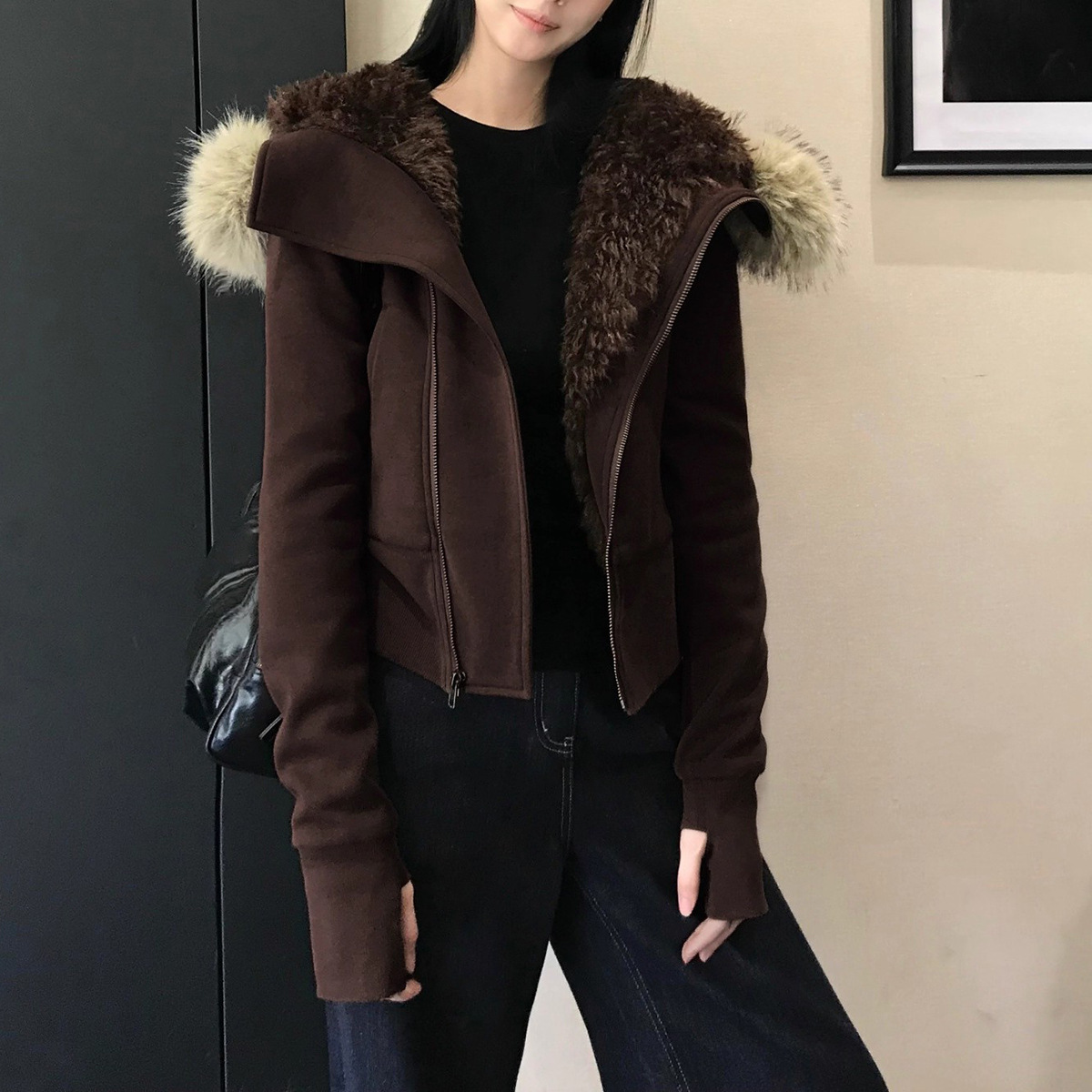 收腰版 连帽毛领斜门襟毛绒内胆秋冬新款短款夹棉卫衣外套