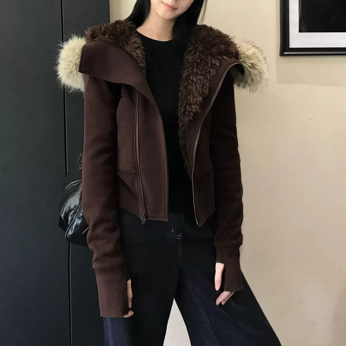 收腰版 连帽毛领斜门襟毛绒内胆秋冬新款短款夹棉卫衣外套