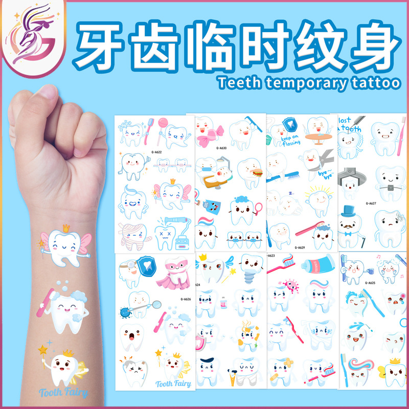 New Temporary Tooth Tattoos for Kids, Creative, Cute, White, Long-Lasting, Sweat-Proof, Childlike Dentist Decoration Stickers