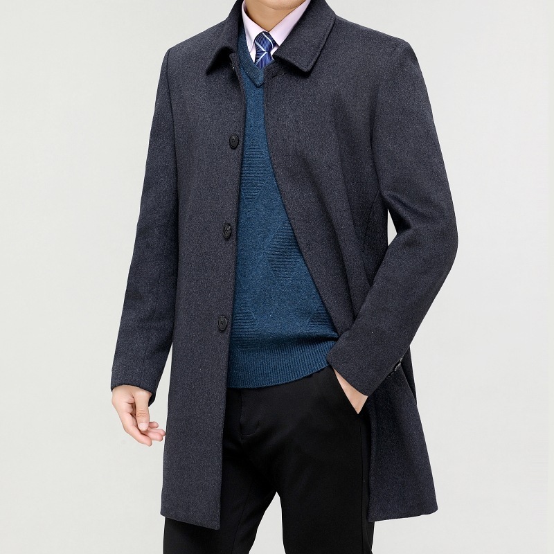 Branded men's mid-length wool coat, business style, wool coat with goose down lining, cashmere wool, thickened winter wear.