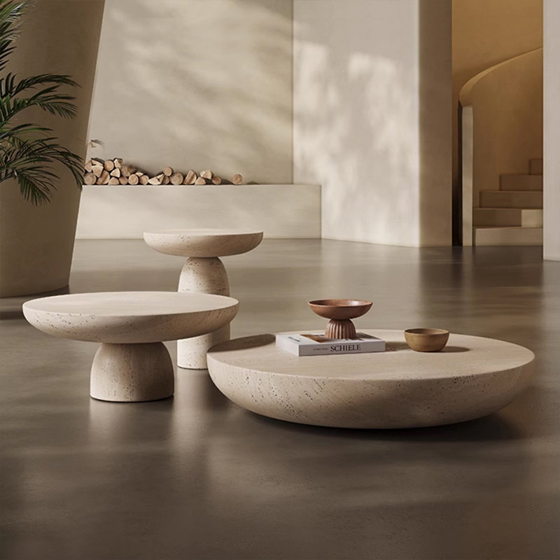 Modern Nordic Wabi-Sabi Style Travertine Combination Coffee Table Side Table Living Room Sofa Coffee Table Creative Oval Tea Table