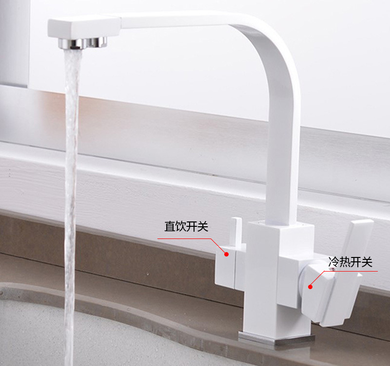 Factory direct supply of all-copper mixed water kitchen faucet, three-purpose pure water kitchen faucet, painted wrench type faucet Specification drawing