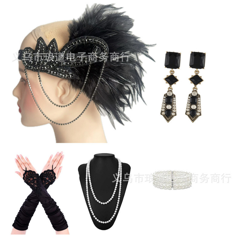 1920S Ladies Masquerade Party Decoration Feather Headband Retro Earrings Gloves Necklace Bracelet Set