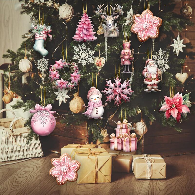 24 個ピンククリスマス木製装飾クリスマス雪だるまサンタクロースヘラジカガーランド木製クリスマス吊り下げ装飾品ロープ付き|undefined