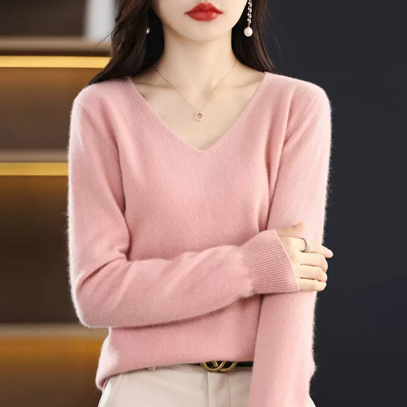 一线成衣v领针织衫女套头打底纯羊毛衫秋冬长袖毛衣短款上衣