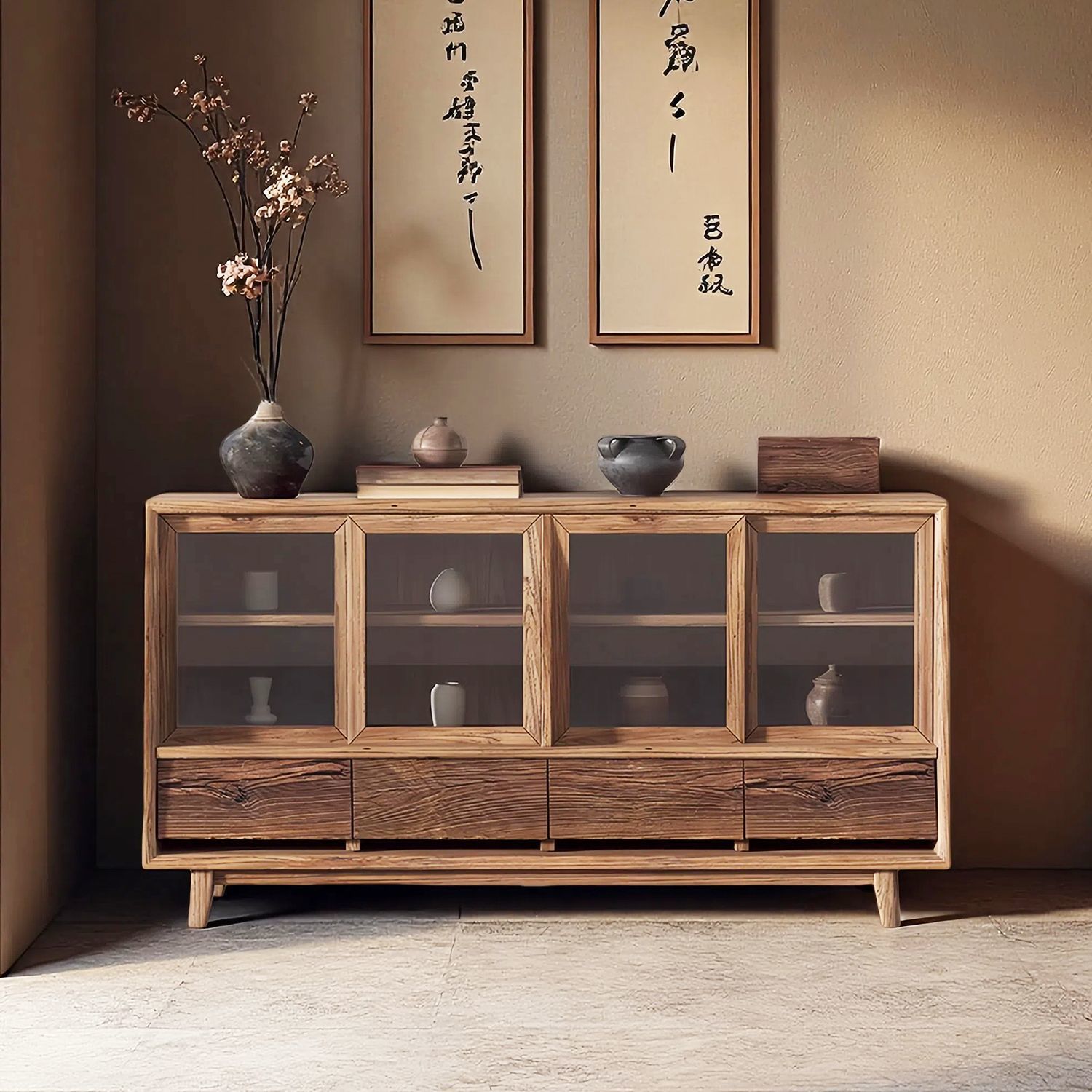 Wabi-Sabi Style Old Elm Sideboard Tea Room Retro Glass Door Dust-Proof Cabinet Tea Set Purple Sand Pot Storage Cabinet Storage Cabinet