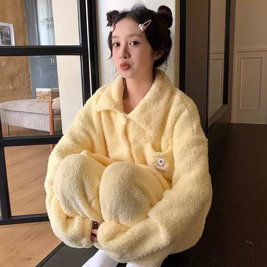 2025冬季珊瑚绒睡衣女简约高级感网红甜美加厚休闲少女家居服套装
