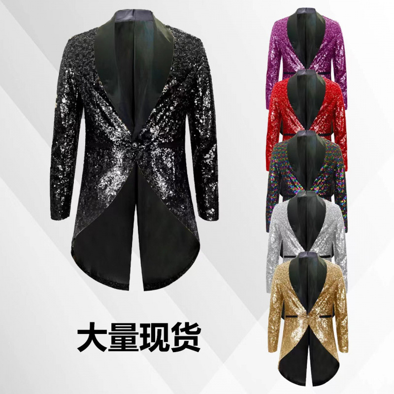 European and American 2025 Medieval Sequined Mid-Length One-Button Suit Tuxedo Party Stage Performance Clothing Ready for Sale