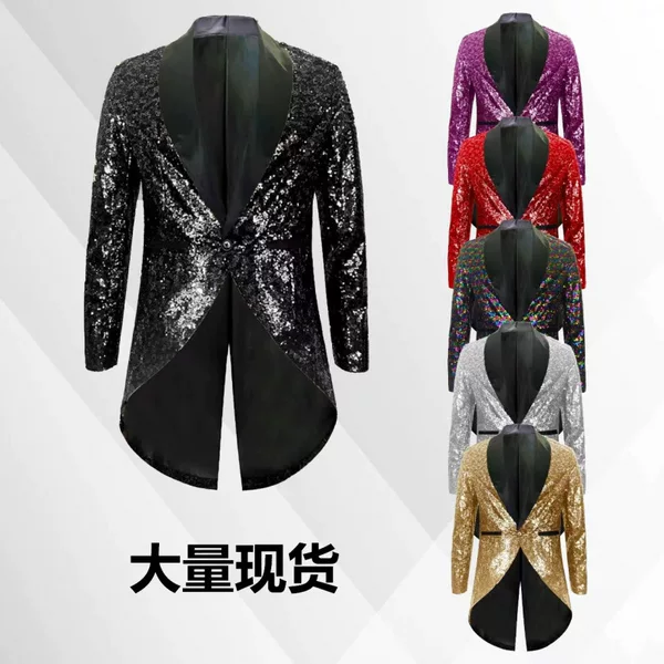 European and American 2025 Medieval Sequined Mid-Length One-Button Suit Tuxedo Party Stage Performance Clothing Ready for Sale