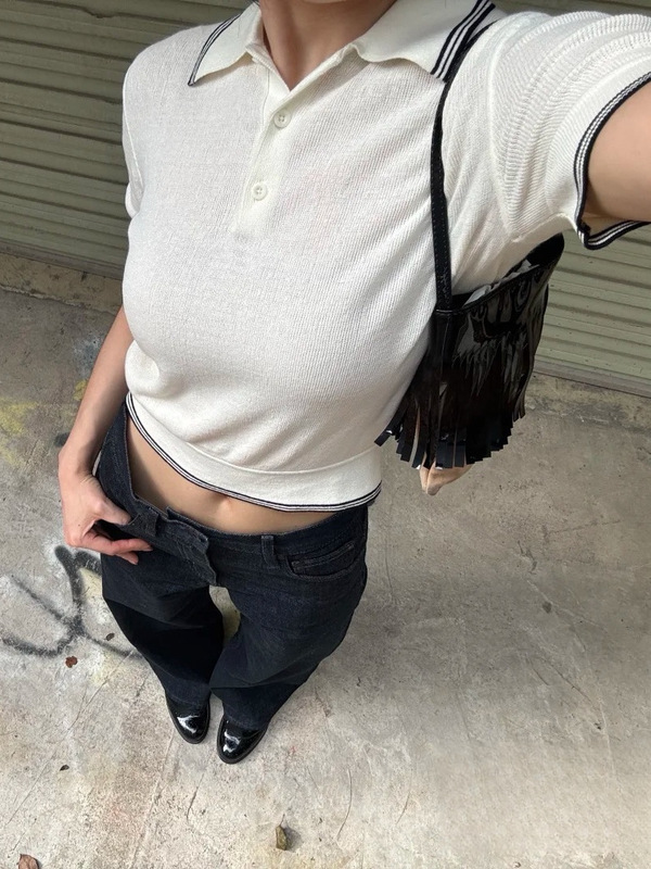 新款百搭薄软纯棉提花撞边短袖针织显瘦运动感休闲POLO衫女5115|undefined