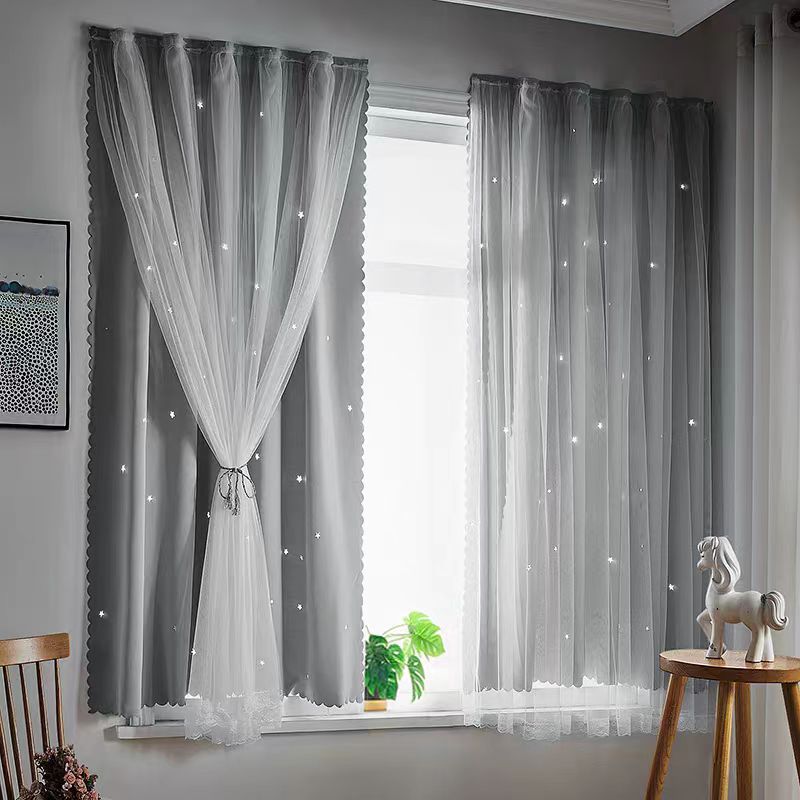 Moderno minimalista estrella doble sombra de tela de encaje cortina de dormitorio balcón hueco estrella cortina terminada