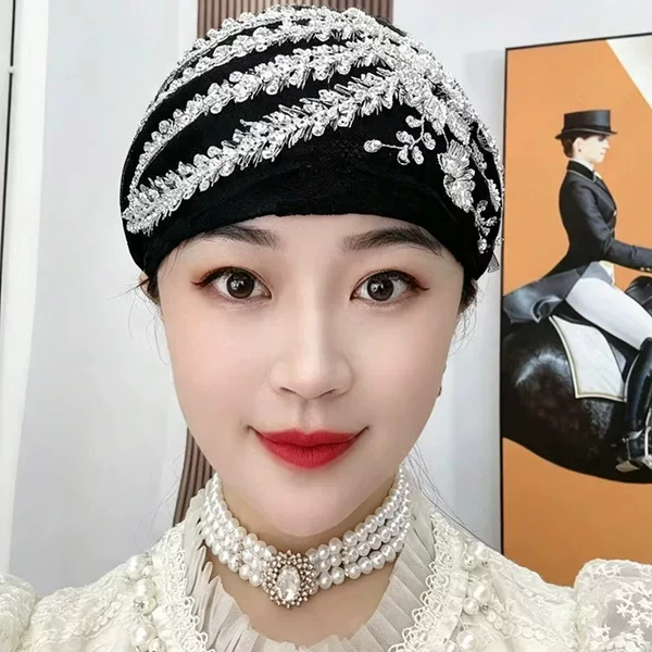 New cross-border trendy internet-famous phoenix flower patchwork sequin headwrap hat for covering white hair, wholesale