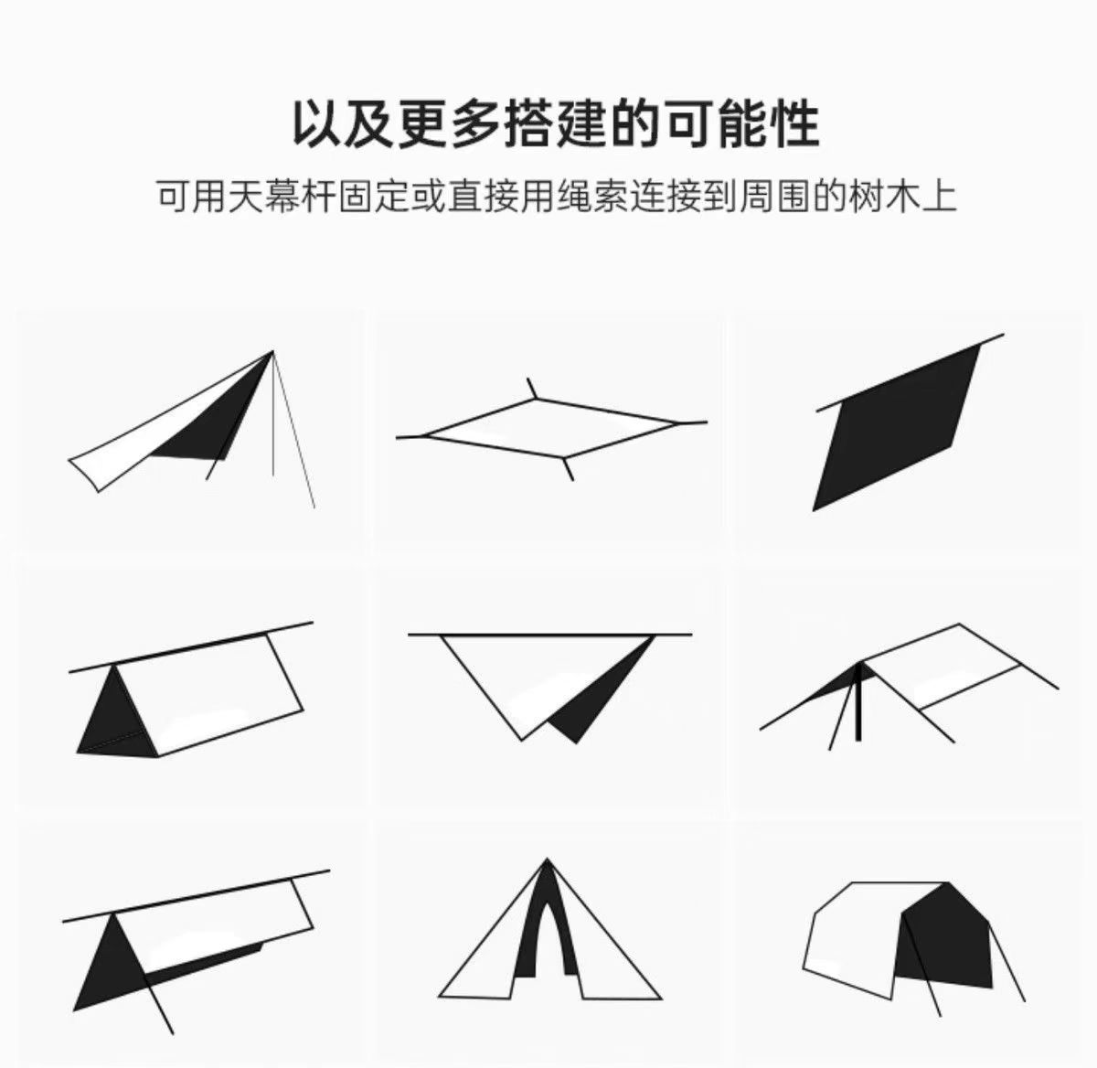 In-stock outdoor camping black vinyl tarpaulin with 19 hanging points, multifunctional ground mat, sunshade, rainproof, windproof curtain