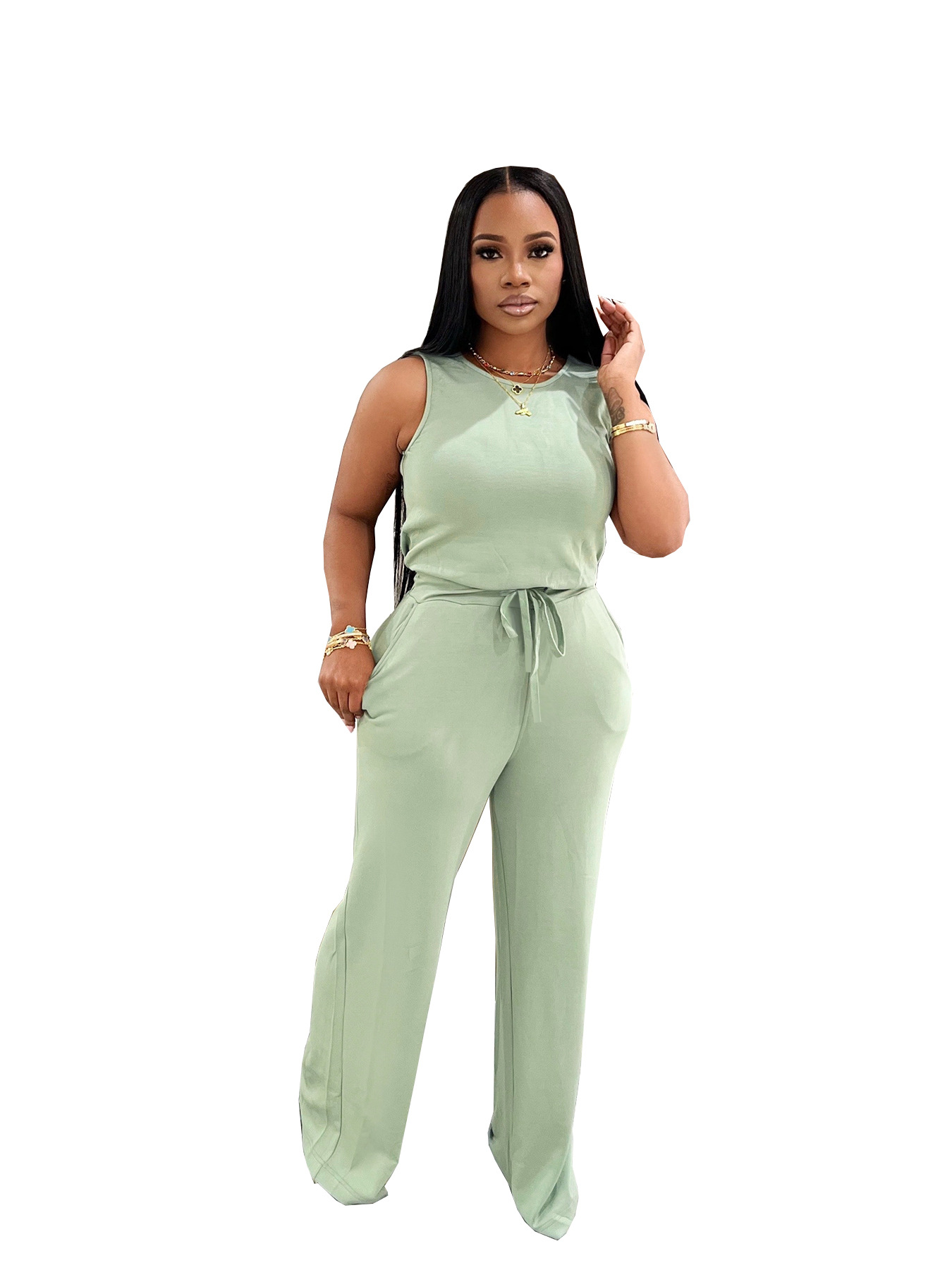 Women's Sleeveless Jumpsuit Casual Lace Up Solid Colour Summer_voghion.com