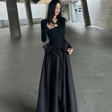 黑裙新中式立领盘扣长袖连衣裙女秋季新款收腰显瘦感A字花苞长裙