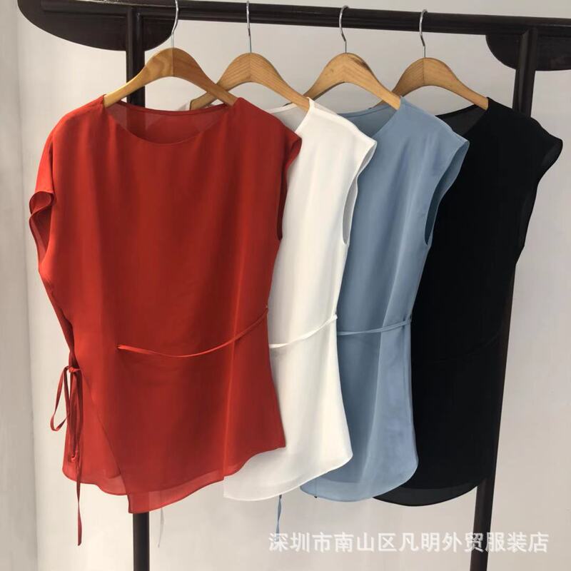 TH irregular pleated silhouette design lace-up waist double-layer asymmetrical mulberry silk shirt