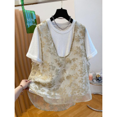 韓国レースメッシュベストと半袖Tシャツツーピーストップス女性用2025年夏新作ゆったりおしゃれシャツ