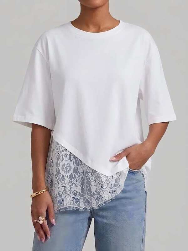 2026 Summer New Cross-Border Women's Clothing with Elegant Design, Asymmetrical Hem, Lace Splicing, Short-Sleeved Plus-Size T-Shirt Top for Women 2026 Summer New Cross-Border Women's Clothing with Elegant Design, Asymmetrical Hem, Lace Splicing, Short-Sleeved Plus-Size T-Shirt Top for Women